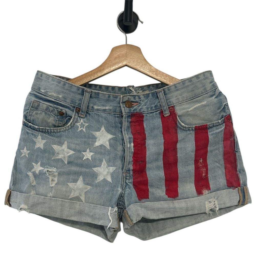 H&M Boyfriend Jean Shorts 10 Blue Denim Hand Painted USA Flag Cuffed Festival